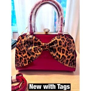 Large Leopard Bow Handbag Crossbody Runway Couture Bag Red Vegan Leather